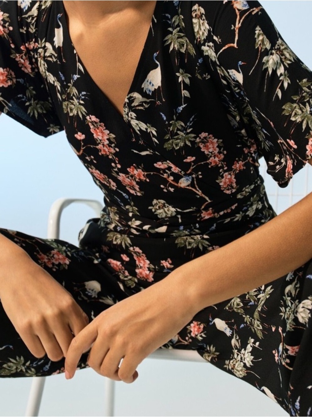 Banana Republic Women's Black Crane & Floral Wrap Jumpsuit-Size 2 Tall